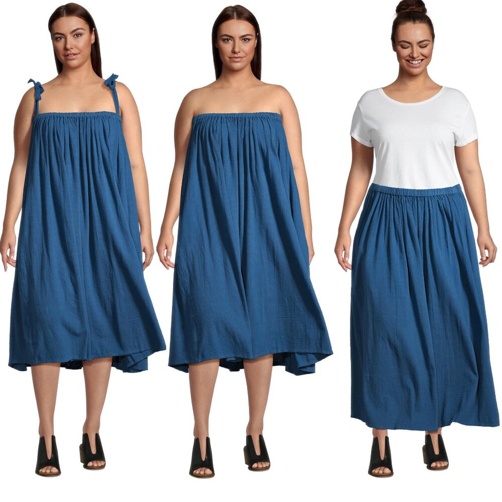 NEW World Market Teal Blue Textured Cotton Ruffle Convertible Skirt Dress OS $40